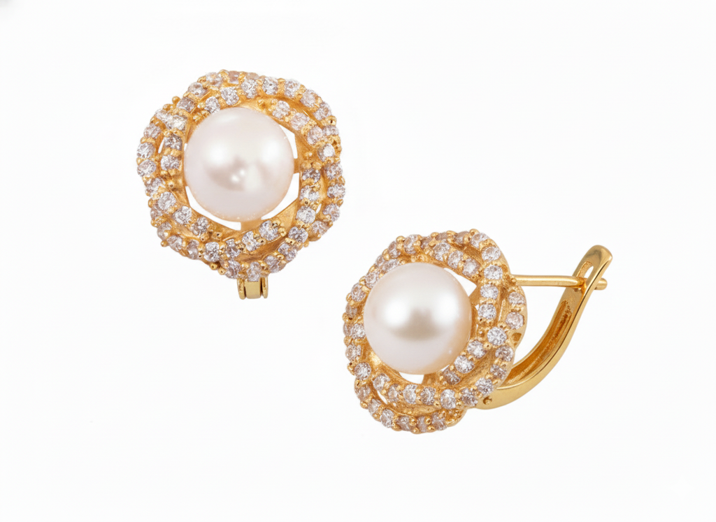 Bông tai Vàng Ngọc Trai trắng White Freshwater Cultured Pearl English Lock Earrings 14K Yellow Gold by AME Jewellery