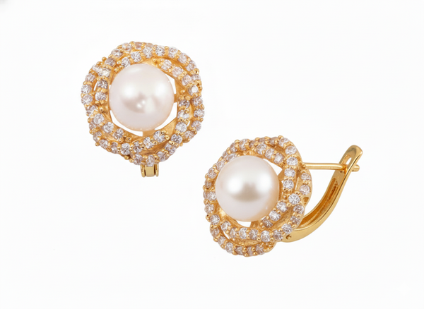 Bông tai Vàng Ngọc Trai trắng White Freshwater Cultured Pearl English Lock Earrings 14K Yellow Gold by AME Jewellery