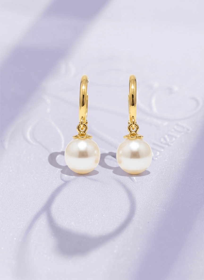 Bông tai Vàng Ngọc trai trắng White Freshwater Pearl Horseshoe Hoop Earrings in 14K Yellow Gold by AME Jewellery