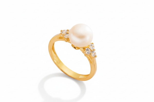 Nhẫn nữ Vàng Ngọc trai trắng White Freshwater Pearl Side-stone Ring in 14K Yellow Gold by AME Jewellery