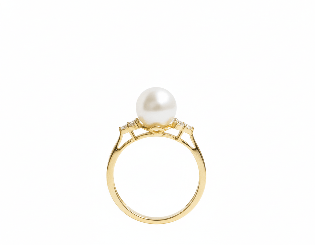Nhẫn nữ Vàng Ngọc trai trắng White Freshwater Pearl Side-stone Ring in 14K Yellow Gold by AME Jewellery