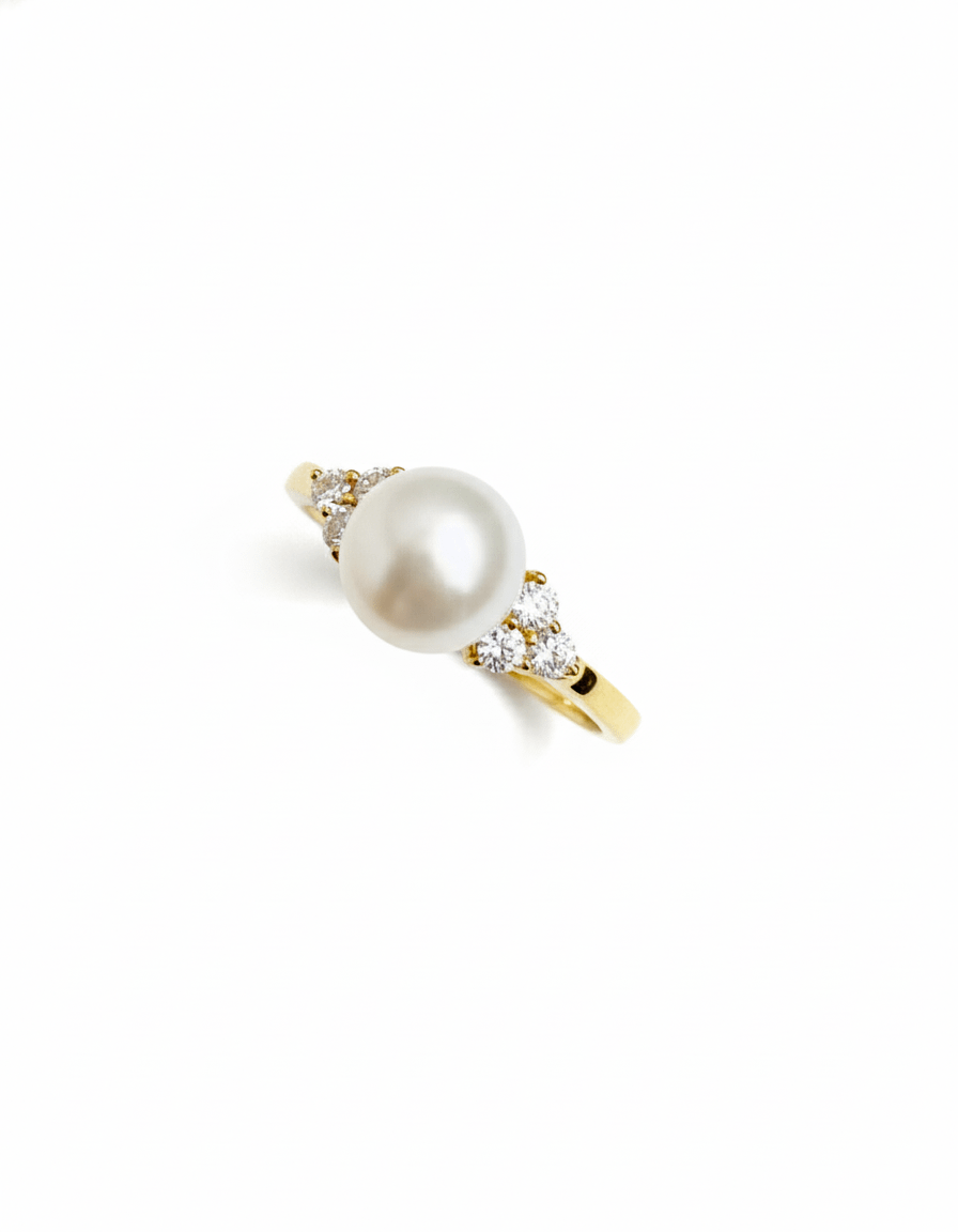 Nhẫn nữ Vàng Ngọc trai trắng White Freshwater Pearl Side-stone Ring in 14K Yellow Gold by AME Jewellery