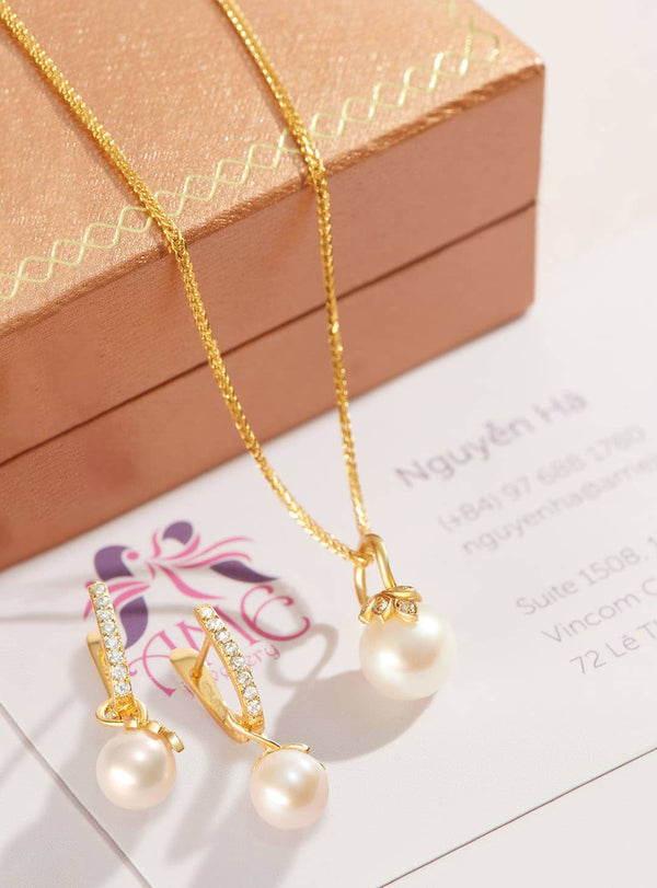Trang sức Lá Vàng 14K Ngọc trai White Pearl Leaf Jewelry in 14-karat Yellow Gold by AME Jewellery