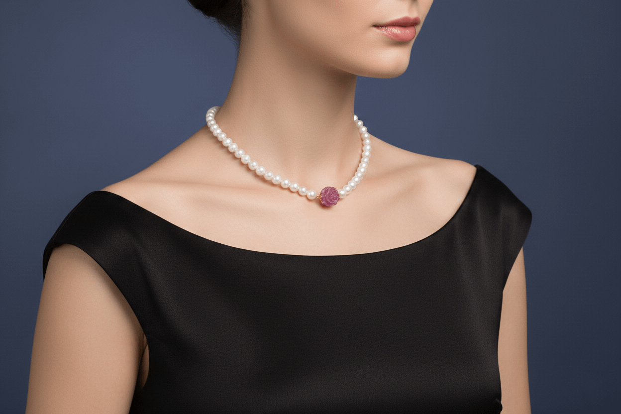 Vòng cổ Chuỗi Ngọc trai nuôi nước ngọt trắng khoá Vàng 14K và Ruby - AME Jewellery
