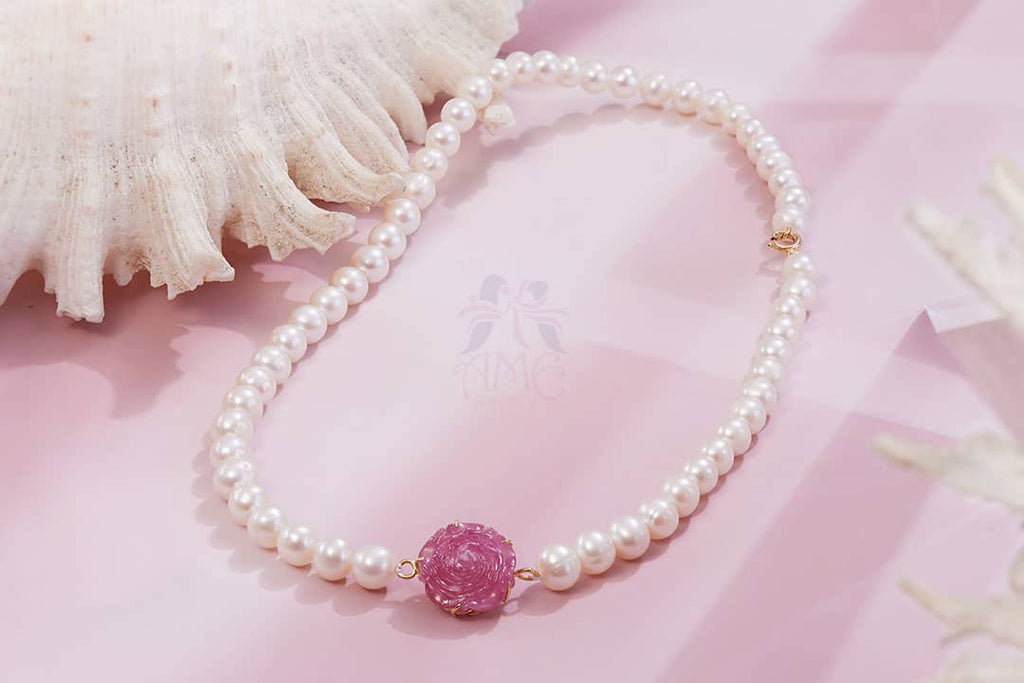 Pearl Strand Necklace Ruby Rose Flower Carved Clasp 14K Yellow Gold | AME Jewellery
