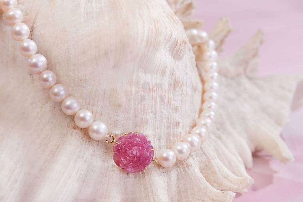 Pearl Strand Necklace Ruby Rose Flower Carved Clasp 14K Yellow Gold | AME Jewellery