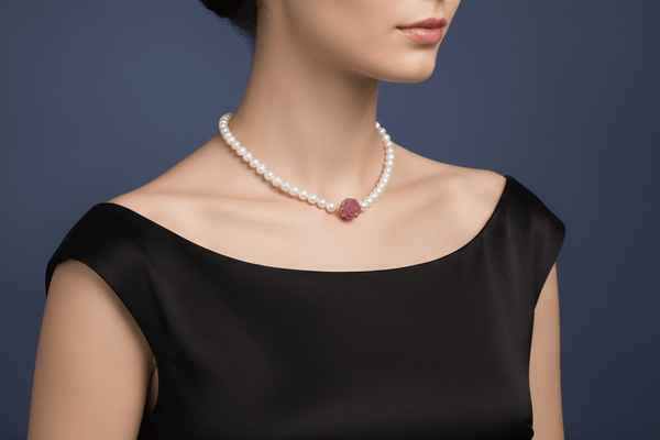 Vòng cổ Chuỗi Ngọc trai trắng Pearl Strand Necklace and Ruby Rose by AME Jewellery