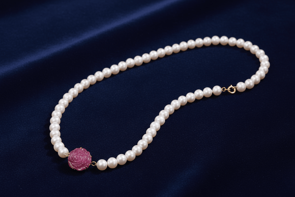 Vòng cổ Chuỗi Ngọc trai trắng Pearl Strand Necklace and Ruby Rose by AME Jewellery