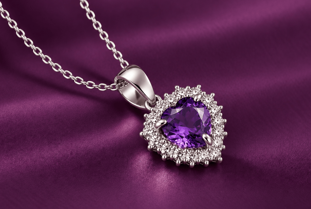 Pendentif halo en argent sterling et améthyste naturelle taille cœur - AME Jewellery