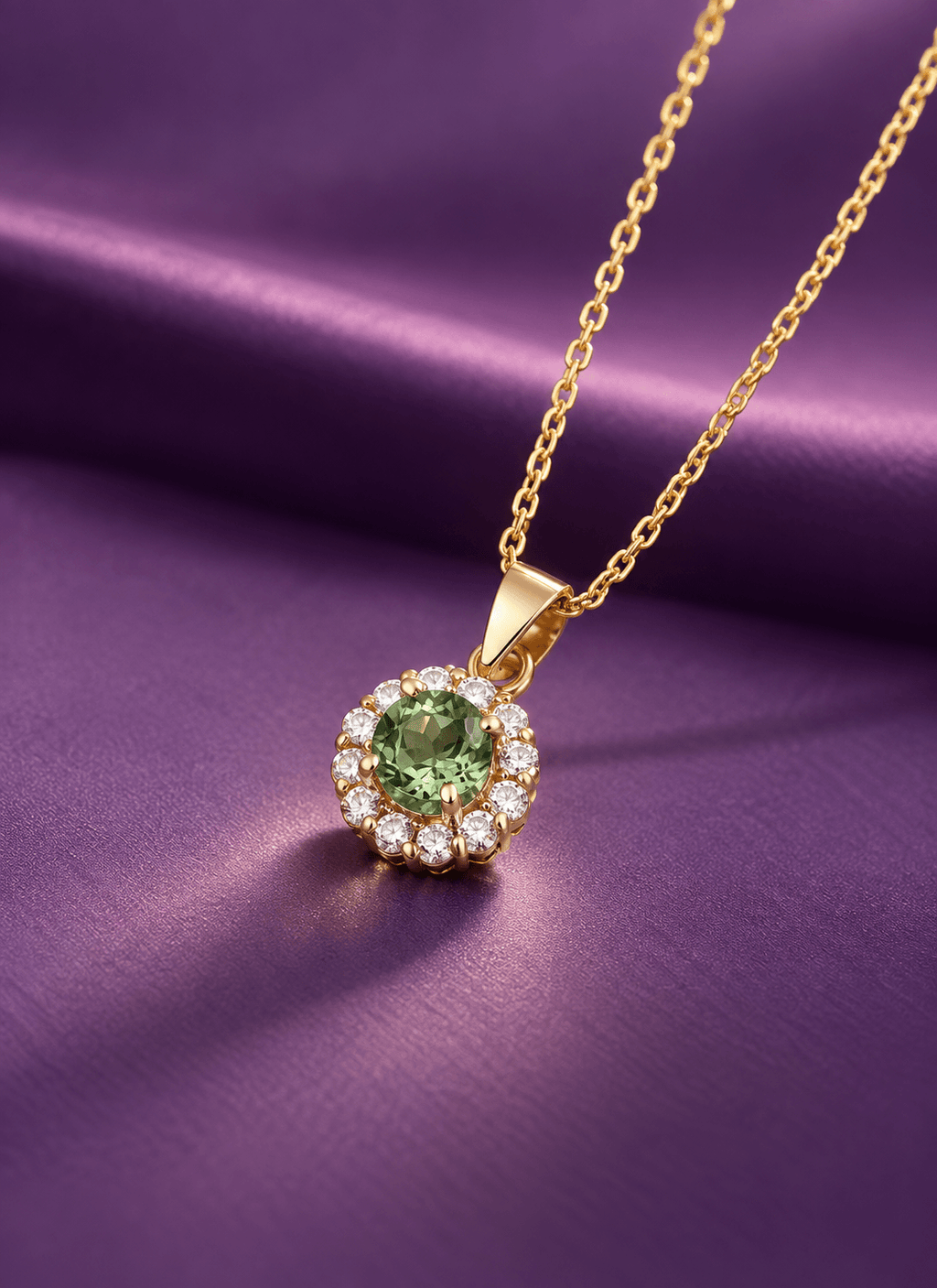 Pendentif halo en or jaune 14K et tourmaline verte naturelle - AME Jewellery