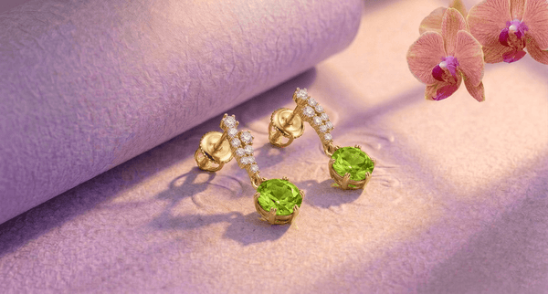 Natural Peridot Drop Earrings in 14K Yellow Gold by AME Jewellery.