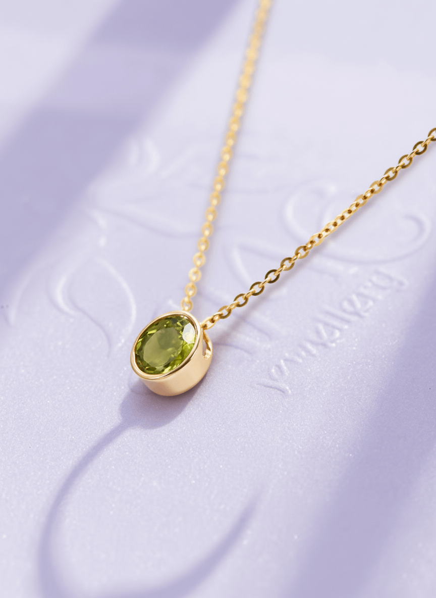 Mặt dây chuyền Vàng Đá quý tự nhiên Peridot Solitaire Bezel Pendant Necklace in 14K Yellow Gold by AME Jewellery