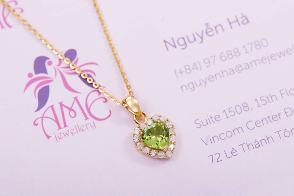 Natural Peridot Halo Heart Pendant in 14K Yellow Gold | AMEJewellery