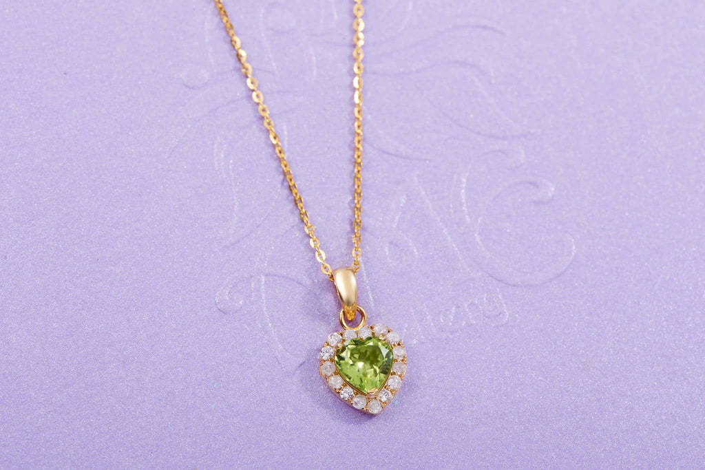 Mặt dây chuyền Vàng Đá quý tự nhiên Heart-cut Peridot Halo Pendant in 14K Yellow Gold by AMEJewellery