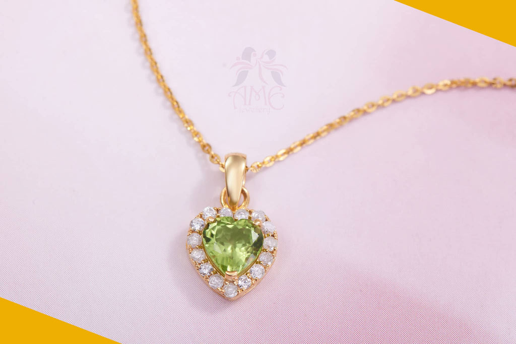 Mặt dây chuyền Vàng Đá quý tự nhiên Heart-cut Peridot Halo Pendant in 14K Yellow Gold by AMEJewellery