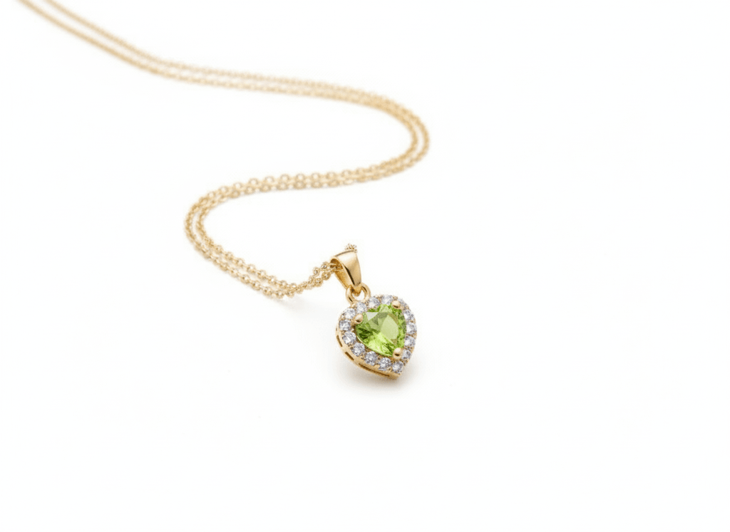 Mặt dây chuyền Vàng Đá quý tự nhiên Heart-cut Peridot Halo Pendant in 14K Yellow Gold by AMEJewellery