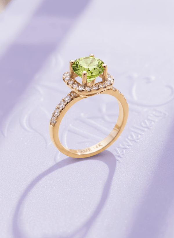 Nhẫn nữ Vàng Đá quý thiên nhiên Peridot Square Halo Ring in 14K Yellow Gold by AME Jewellery