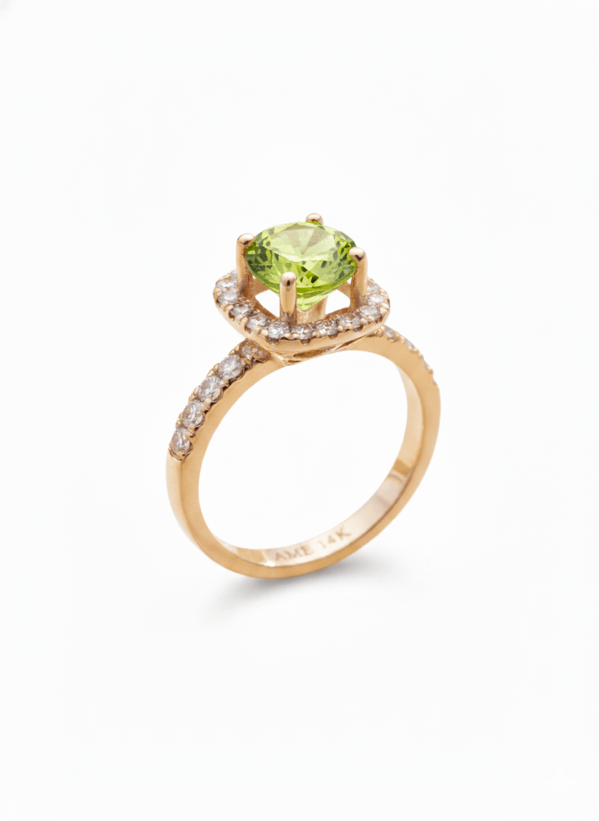 Natural Peridot Square-Halo Ring in 14K Yellow Gold - AME Jewellery
