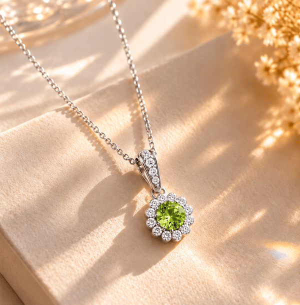 Natural Peridot Halo Pendant in Sterling Silver - AME Jewellery