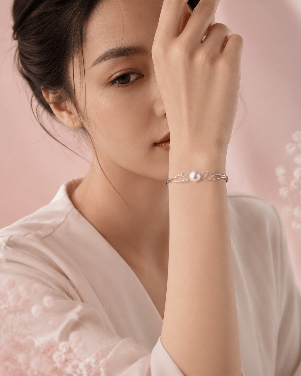 Bracelet lotus en argent sterling et perle de culture d’eau douce rose - AME Jewellery