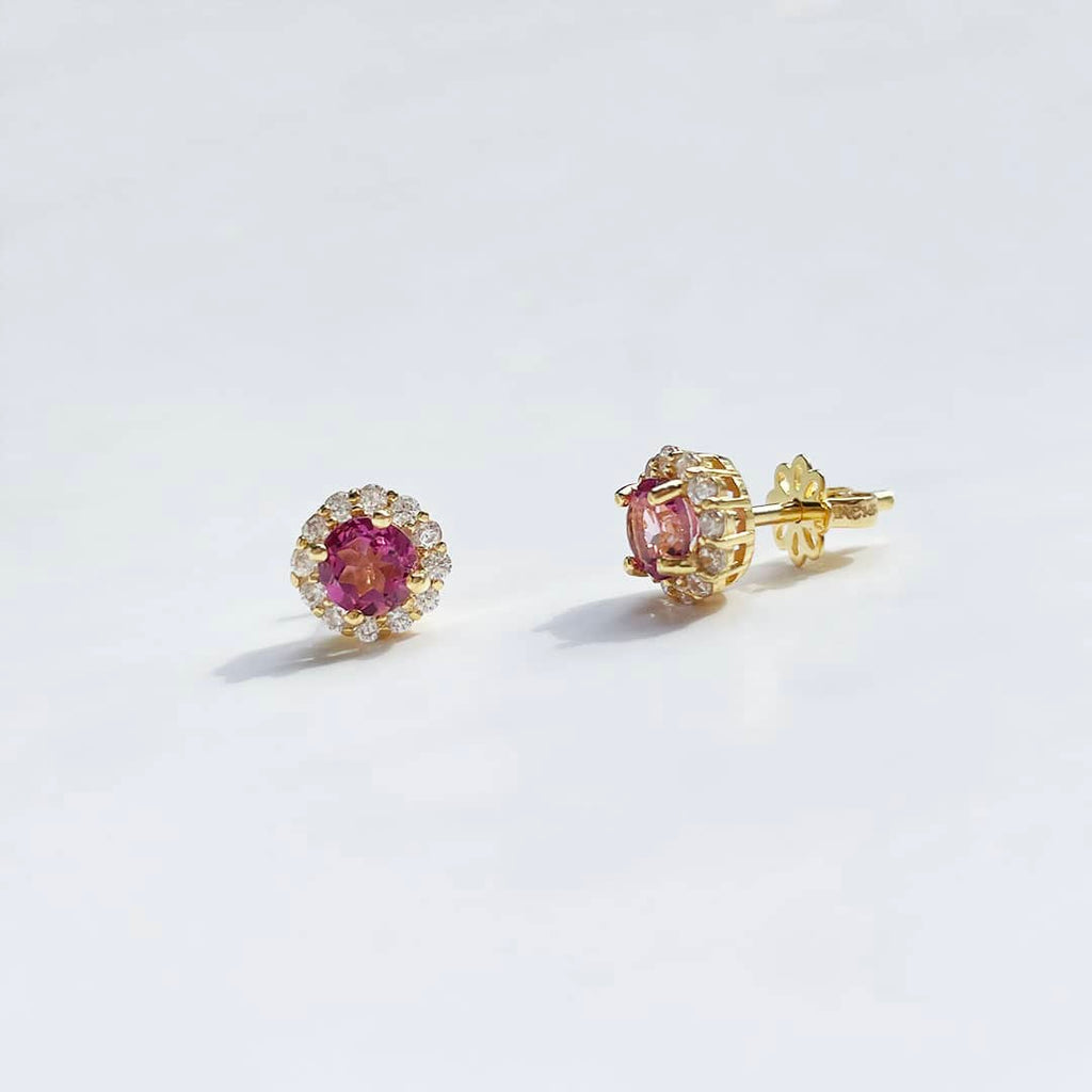 Bông tai Vàng Đá quý thiên nhiên Natural Pink Topaz Halo Earrings 14K Yellow Gold | AME Jewellery