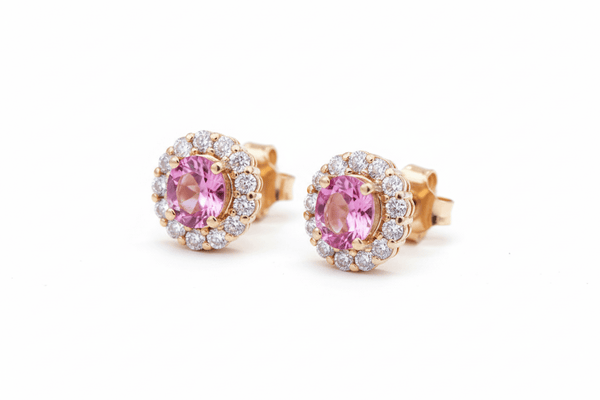 Bông tai Vàng Đá quý thiên nhiên Natural Pink Topaz Halo Earrings 14K Yellow Gold | AME Jewellery