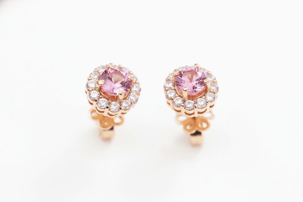 Bông tai Vàng Đá quý thiên nhiên Natural Pink Topaz Halo Earrings 14K Yellow Gold | AME Jewellery