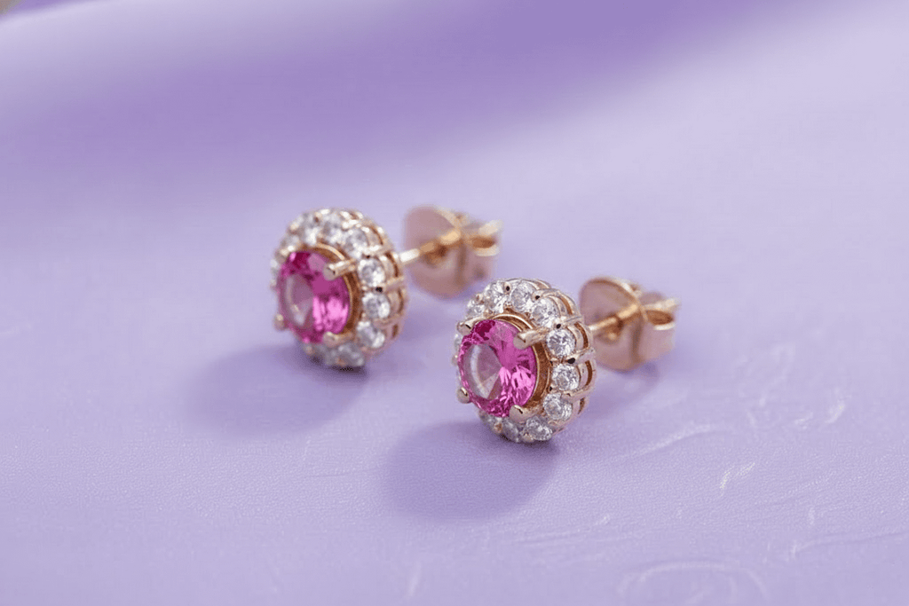 Bông tai Vàng Đá quý thiên nhiên Natural Pink Topaz Halo Earrings 14K Yellow Gold | AME Jewellery