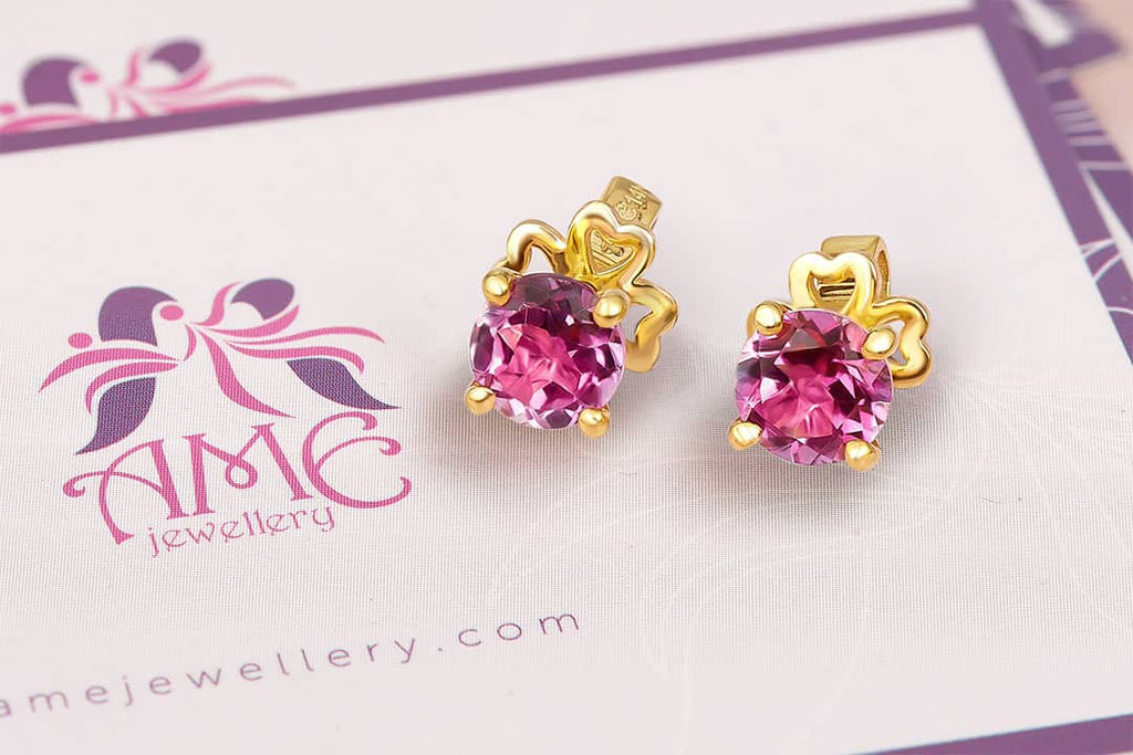 Bông tai Vàng 14K Đá quý thiên nhiên Natural Pink Topaz 4-Prong Earrings 14K Yellow Gold byAME Jewellery