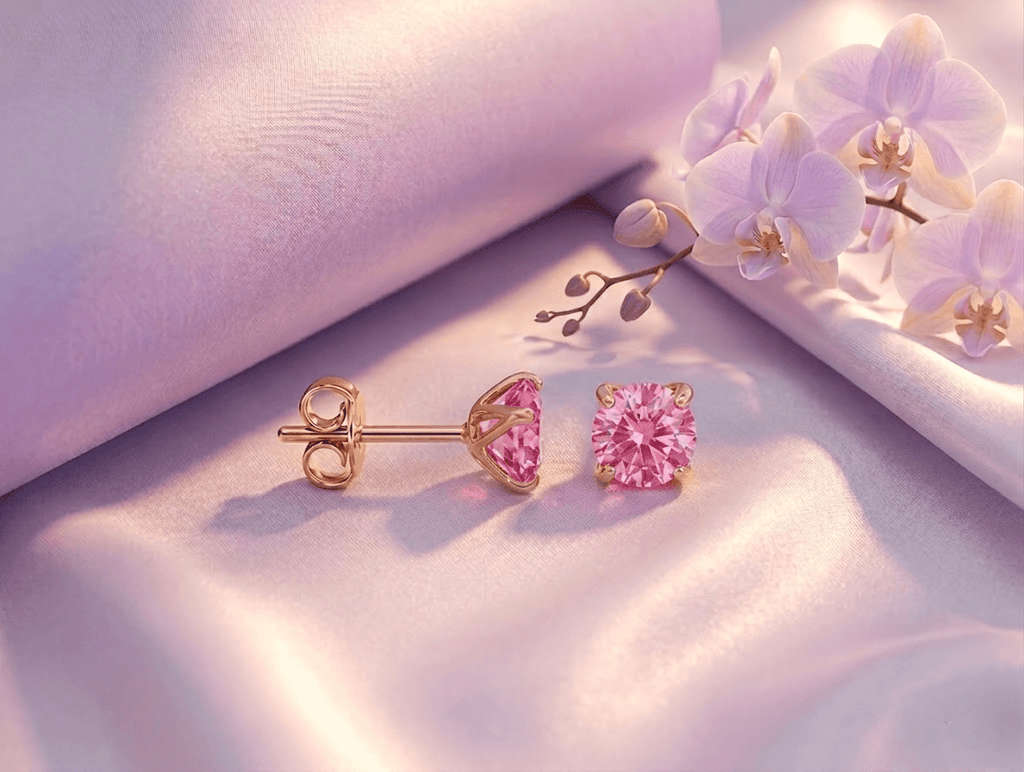 Natural pink topaz 4-prong earrings in 14K yellow gold by AME Jewellery.