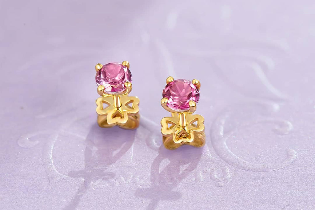 Bông tai Vàng 14K Đá quý thiên nhiên Natural Pink Topaz 4-Prong Earrings 14K Yellow Gold byAME Jewellery
