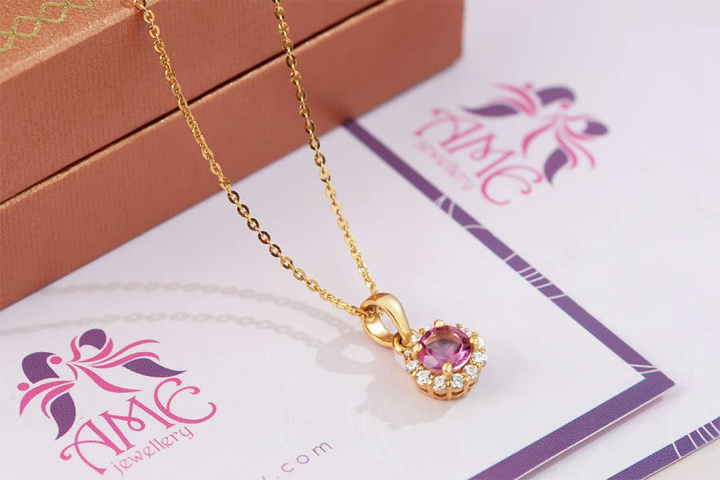 Mặt dây chuyền Vàng Đá quý tự nhiên Pink Topaz Halo Pendant Necklace in 14K Yellow Gold by AME Jewellery