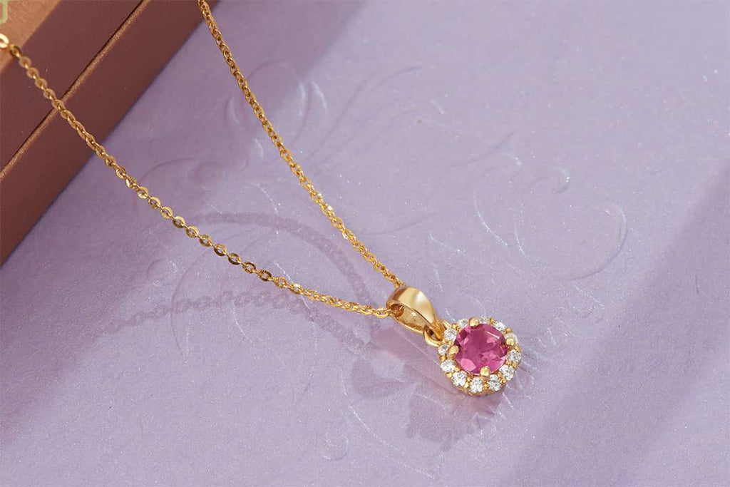 Mặt dây chuyền Vàng Đá quý tự nhiên Pink Topaz Halo Pendant Necklace in 14K Yellow Gold by AME Jewellery