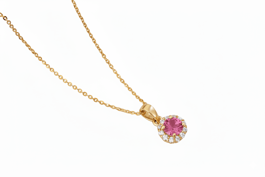 Mặt dây chuyền Vàng Đá quý tự nhiên Pink Topaz Halo Pendant Necklace in 14K Yellow Gold by AME Jewellery