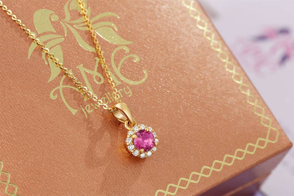 Mặt dây chuyền Vàng Đá quý tự nhiên Pink Topaz Halo Pendant Necklace in 14K Yellow Gold by AME Jewellery