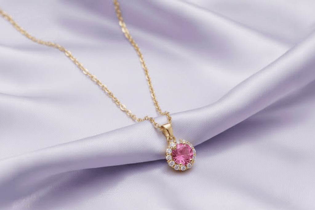 Mặt dây chuyền Vàng Đá quý tự nhiên Pink Topaz Halo Pendant Necklace in 14K Yellow Gold by AME Jewellery