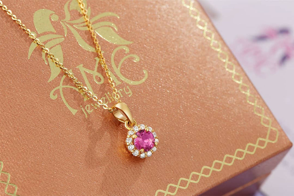 Natural Pink Topaz Halo Pendant in 14K Yellow Gold | AME Jewellery