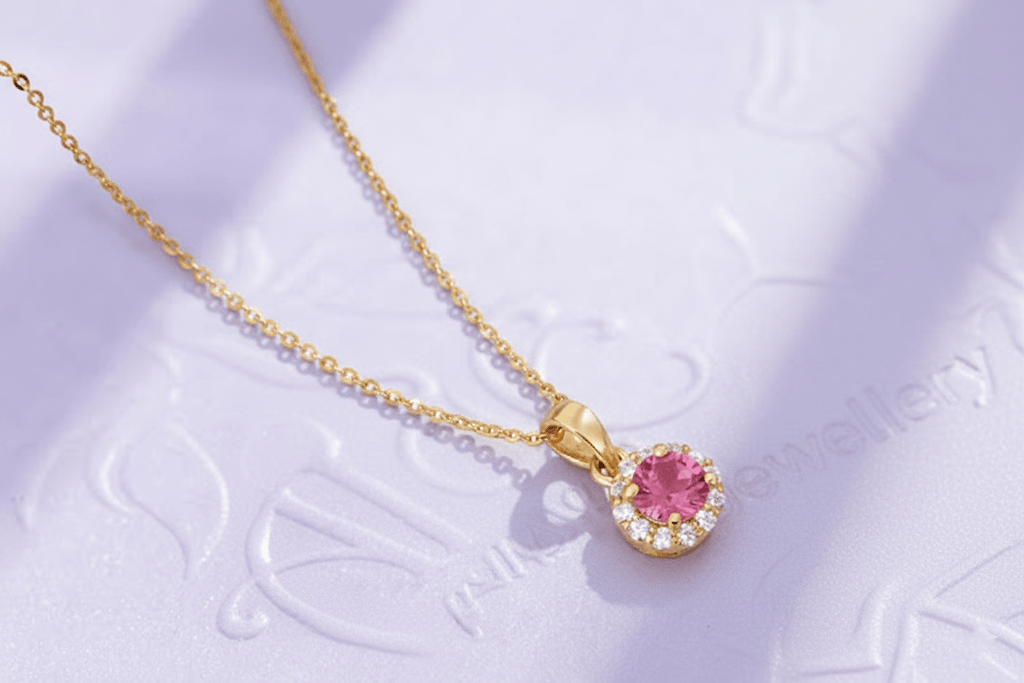 Mặt dây chuyền Vàng Đá quý tự nhiên Pink Topaz Halo Pendant Necklace in 14K Yellow Gold by AME Jewellery