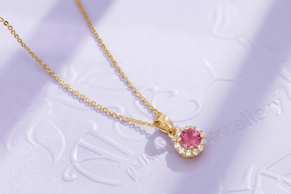 Mặt dây chuyền Vàng Đá quý tự nhiên Pink Topaz Halo Pendant Necklace in 14K Yellow Gold by AME Jewellery