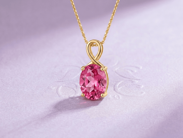 Natural Oval-cut Pink Topaz Pendant Necklace in 18K Yellow Gold by AME Jewellery. Pink Topaz jewelry is the perfect gift for a special someone born in November.