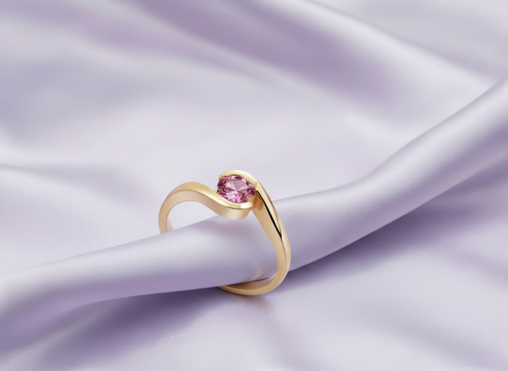 Nhẫn nữ Vàng Đá quý tự nhiên Pink Topaz Semi-Bezel Solitaire Ring in 14K Yellow Gold by AME Jewellery