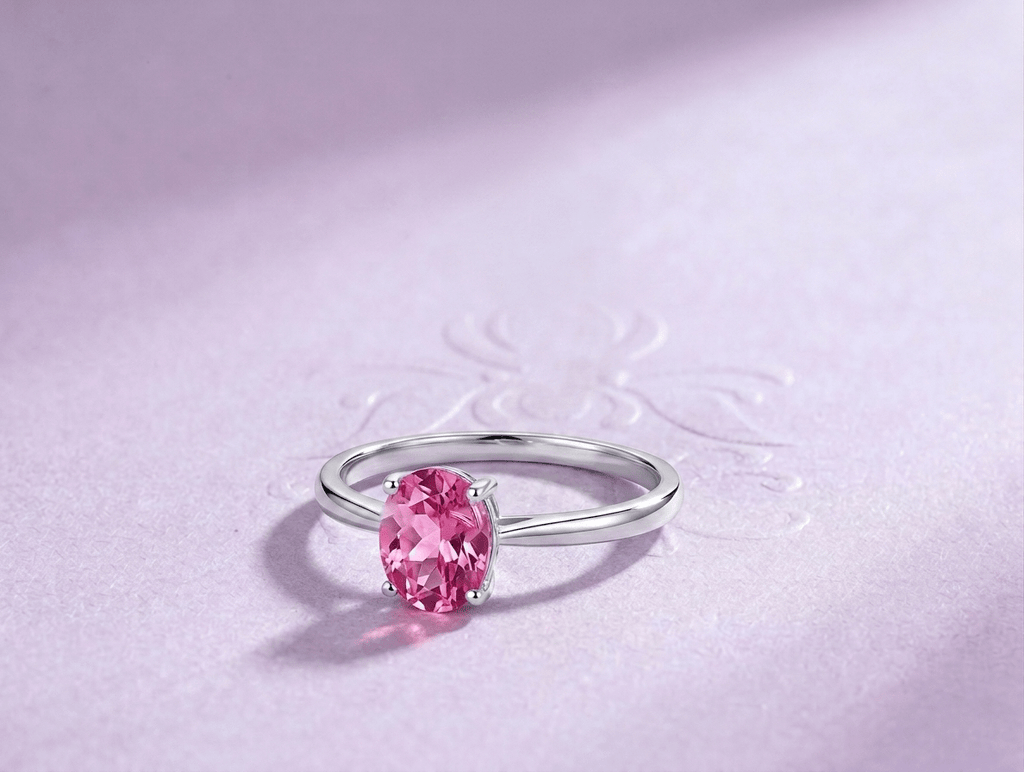 Nhẫn Vàng trắng Đá quý tự nhiên Natural Oval Pink Topaz Ring in 10K White Gold by AME Jewellery