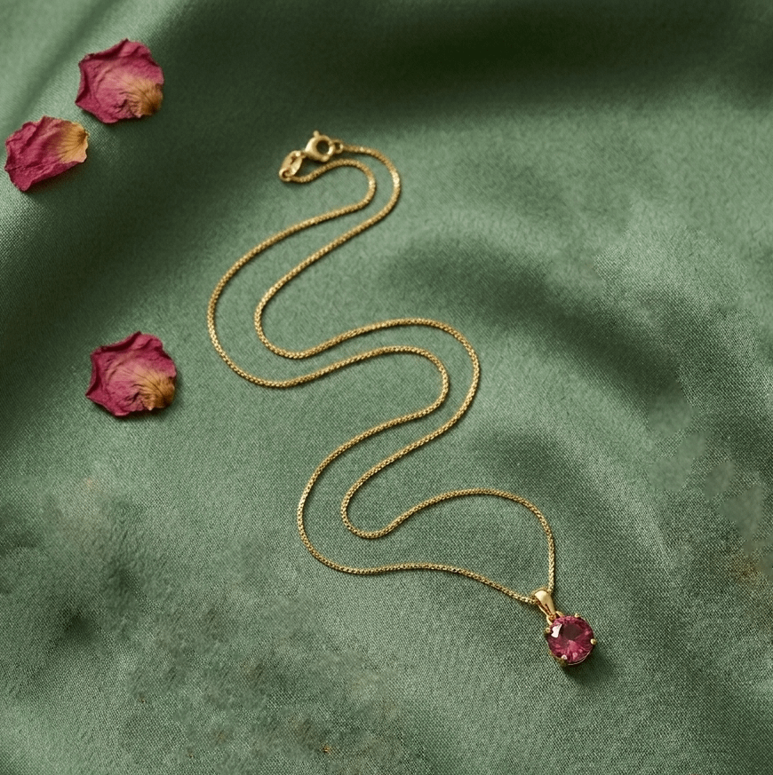 Mặt dây chuyền vàng đá quý tự nhiên Natural Pink Tourmaline Pendant Necklace in 14K Yellow Gold by AME Jewellery