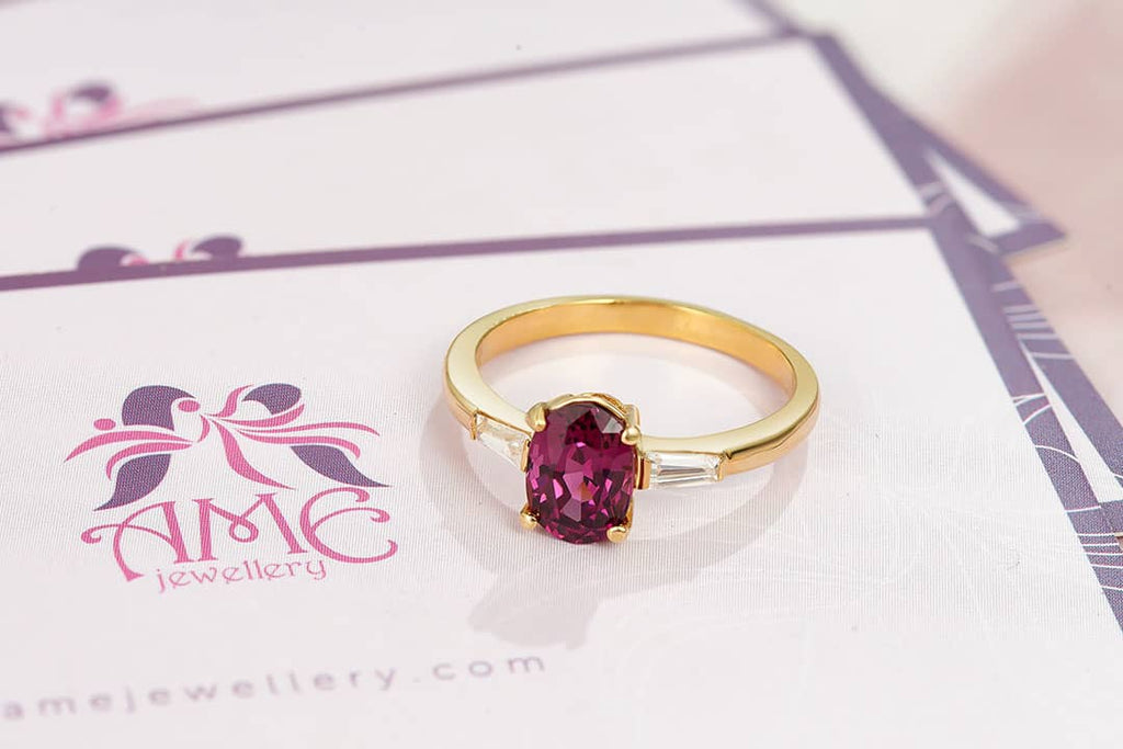 Natural oval Purple Garnet Ring in 14K Yellow Gold by AME Jewellery