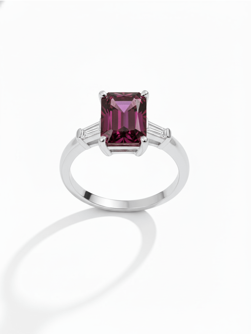Nhẫn Vàng trắng Đá quý tự nhiên Rectangular Purple Rhodolite Garnet Ring 14K White Gold by AME Jewellery
