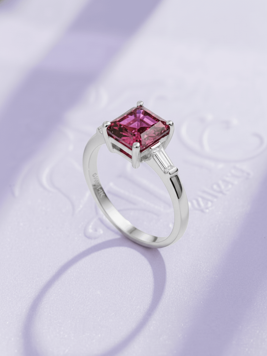 Nhẫn Vàng trắng Đá quý tự nhiên Rectangular Purple Rhodolite Garnet Ring 14K White Gold by AME Jewellery