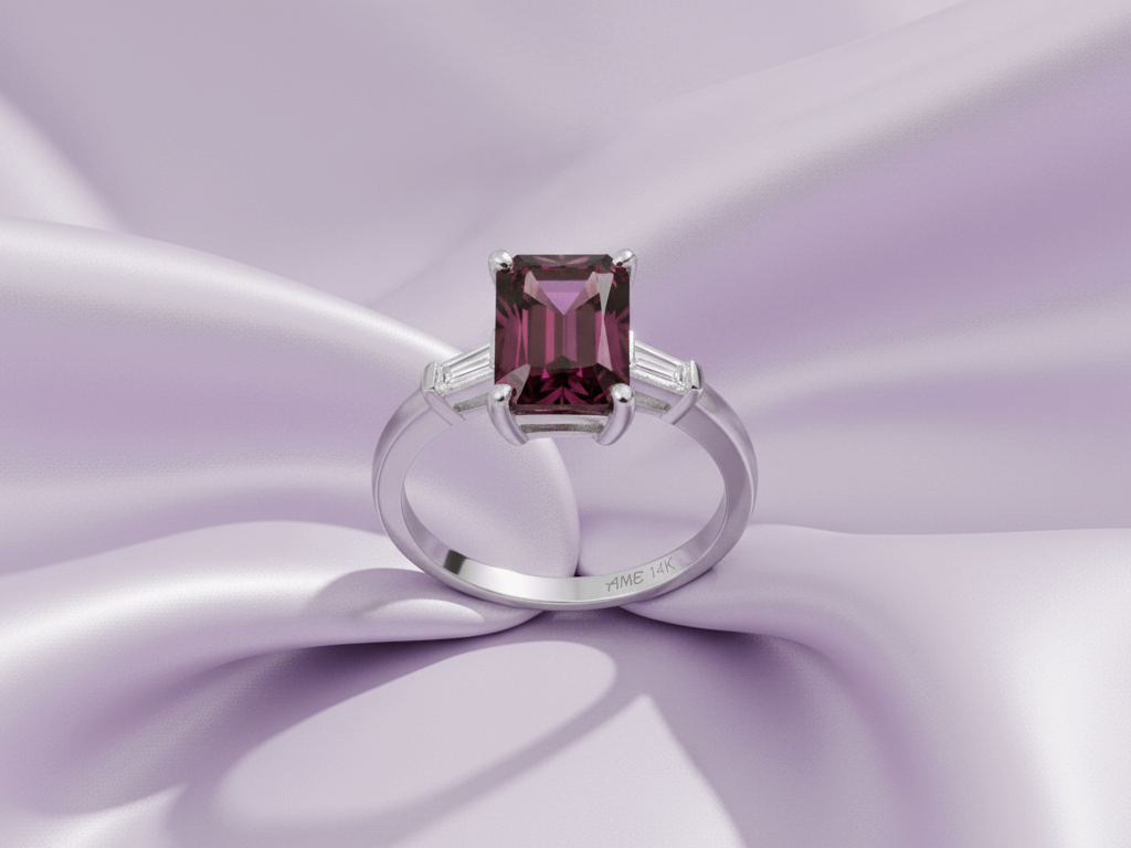 Nhẫn Vàng trắng Đá quý tự nhiên Rectangular Purple Rhodolite Garnet Ring 14K White Gold by AME Jewellery