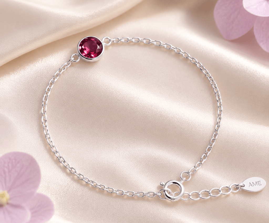 Natural Red Garnet Solitaire Bezel Bracelet in Sterling Silver by AME Jewellery.
