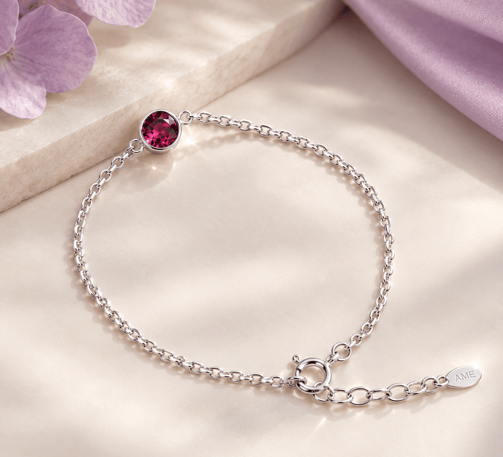 Natural Red Garnet Solitaire Bezel Bracelet in Sterling Silver by AME Jewellery.