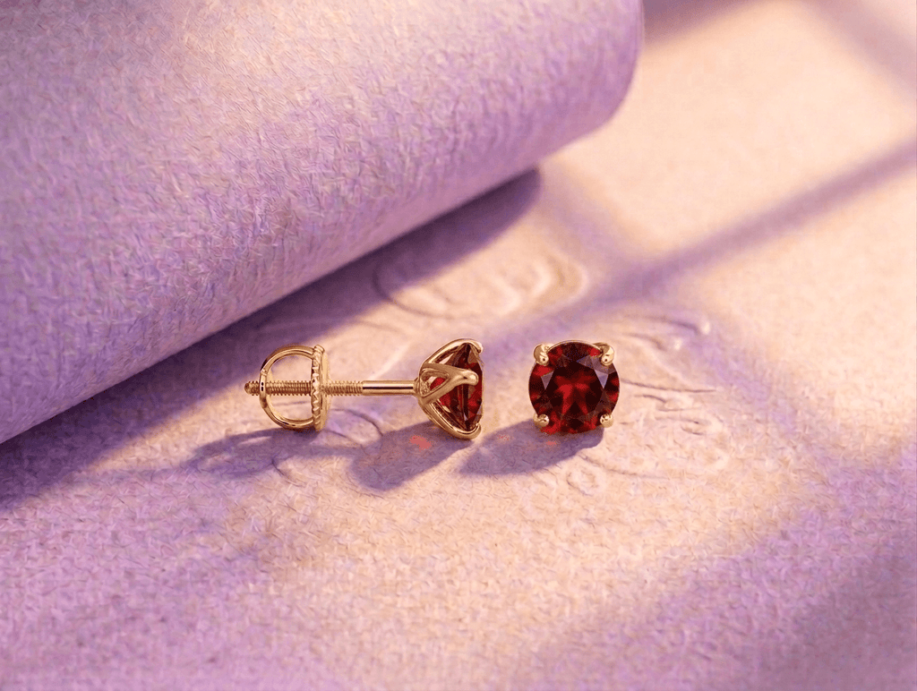 Natural Red Garnet 4-prong Earrings in 14K Yellow Gold by AME Jewellery. 